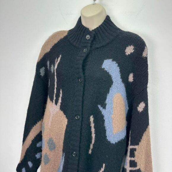 SEGUE Unisex Vintage 80s Wool Blend Abstract Button Down Duster Cardigan Sweater - Picture 7 of 12